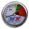 NX Nitrous Pressure Gauge, round automotive gauge displaying pressure in PSI with colorful green, yellow, and red zones for safety and warning levels.