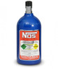 NOS Nitrous Bottle, blue steel nitrous oxide container with a black valve and label providing product details and safety warnings.
