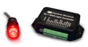 Daytona Sensors Shift Light and Vehicle Data Logger, black control module with green connection terminals and a red illuminated shift light indicator