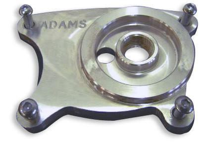 Adams Performance Adams Oil Filter Adapter Kawasaki ZX14R (06-26), close-up of the metal oil filter adapter with mounting bolts and central threaded hole for installation.