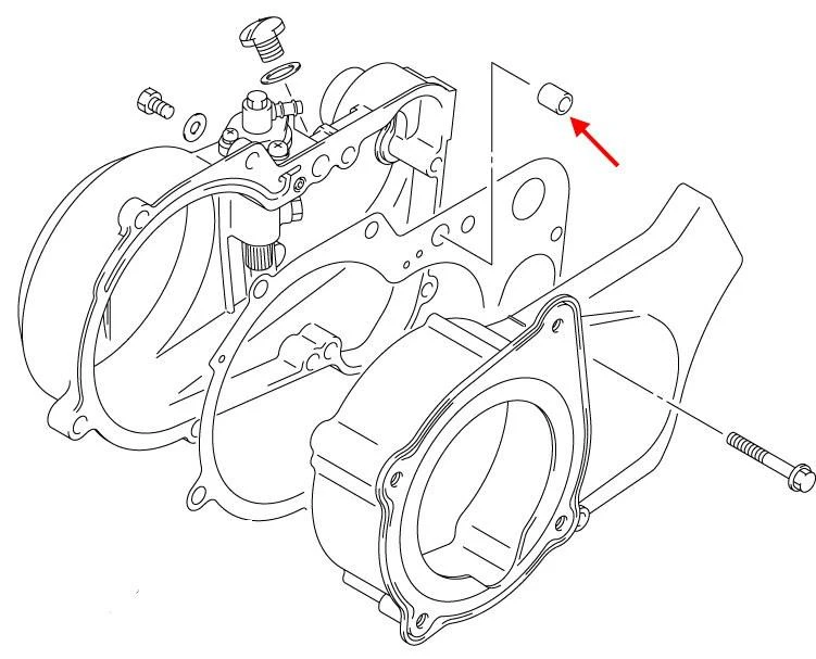 Suzuki OEM Clutch Cover Dowel GS1100-GS1150, technical diagram showing the placement of the clutch cover dowel pin within the engine assembly.