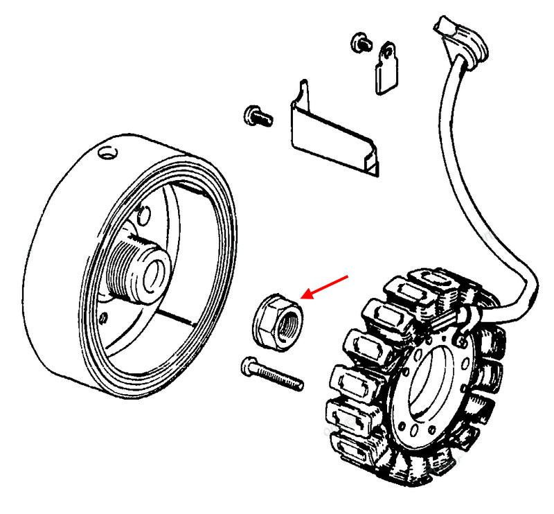 Suzuki OEM Small Crank Nut GS1100-GS1150, technical diagram showing the small crank nut with a red arrow pointing to it, along with other engine parts.