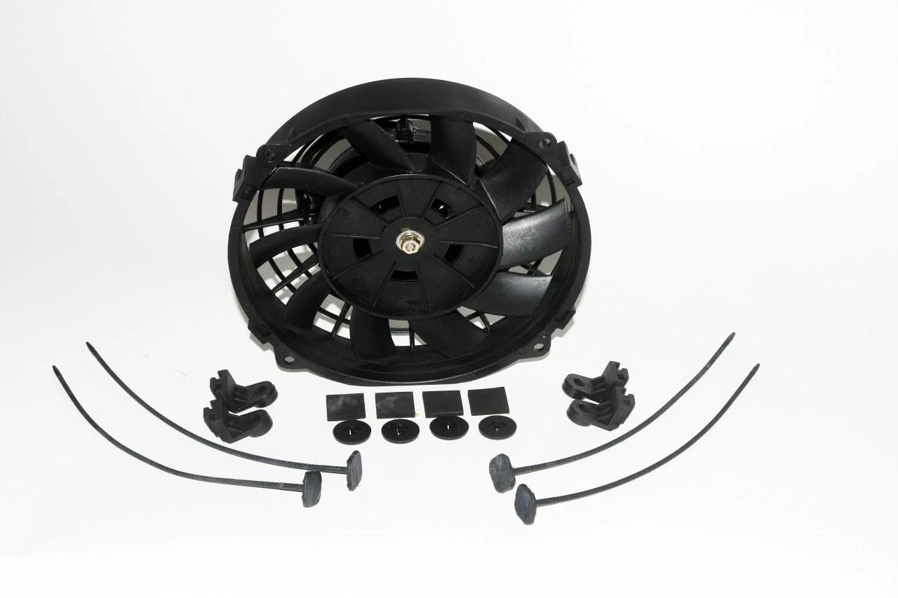 Schnitz Racing Schnitz Low Profile 7" Radiator Fan, a black automotive radiator cooling fan with mounting accessories and wiring clips.