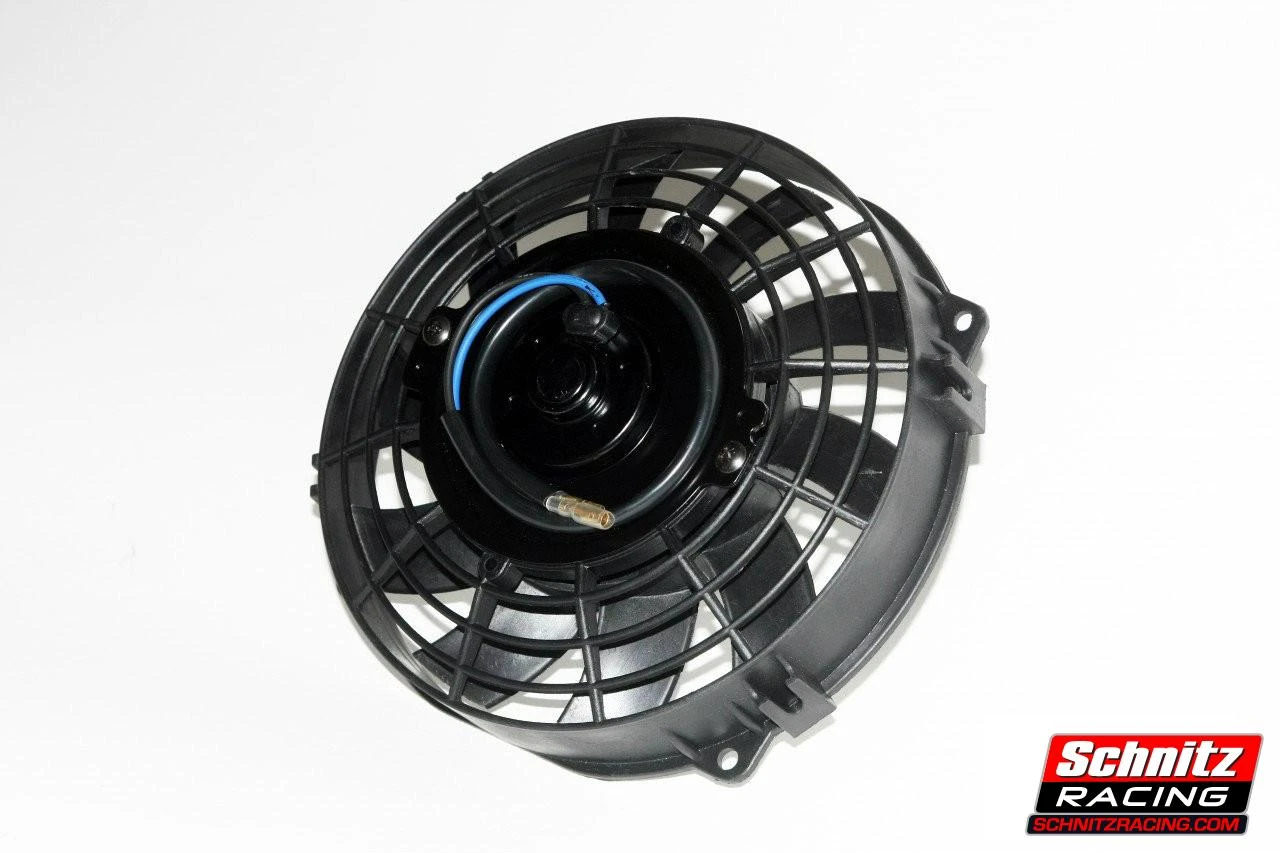 Schnitz Racing Schnitz Low Profile 7" Radiator Fan, black plastic lightweight automotive cooling fan with protective grille and wiring.