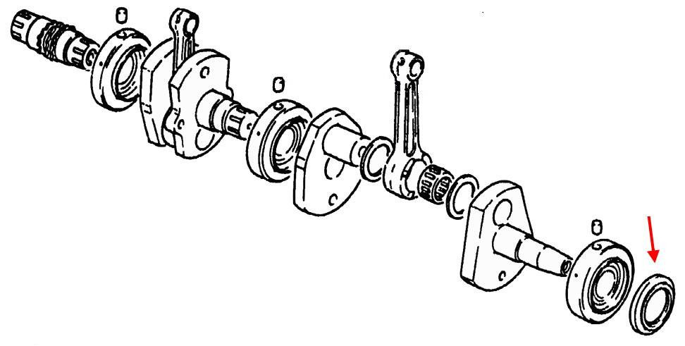 Suzuki OEM Left Side Crankshaft Seal GS1100-GS1150, schematic diagram showing engine crankshaft components with the seal highlighted by a red arrow.