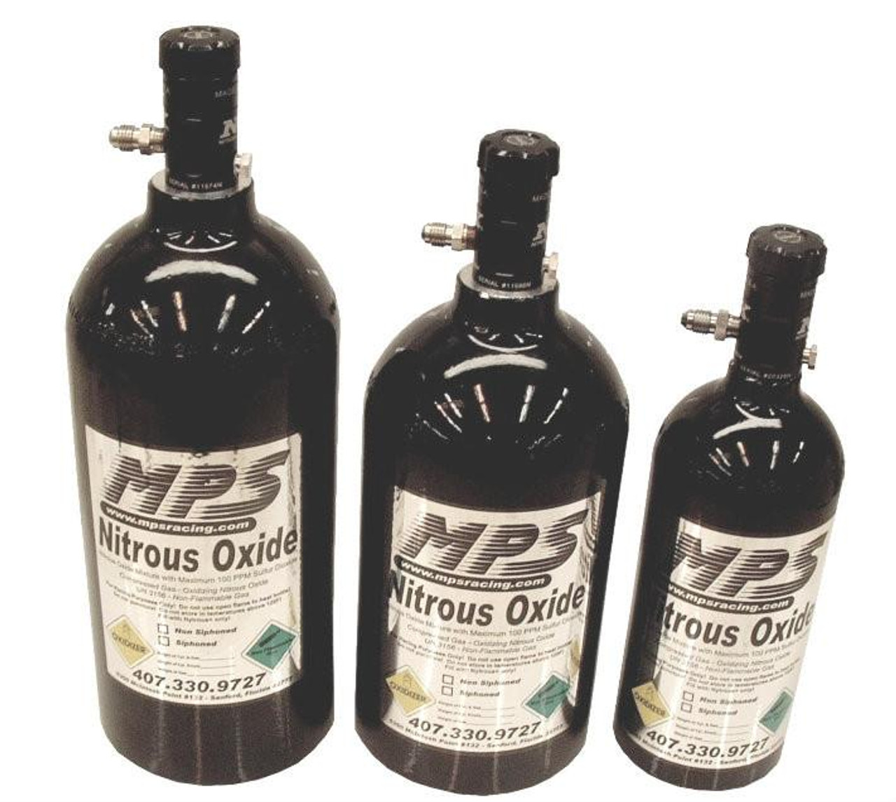 MPS Nitrous Bottles, Black, three bottles of nitrous oxide in varying sizes with black finish and white labels.