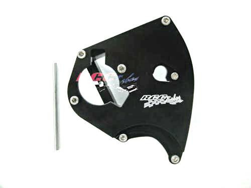 RCC Billet Case Saver Front Sprocket Cover Suzuki Hayabusa (99-20), black metal sprocket cover with mounting bolts and logo.