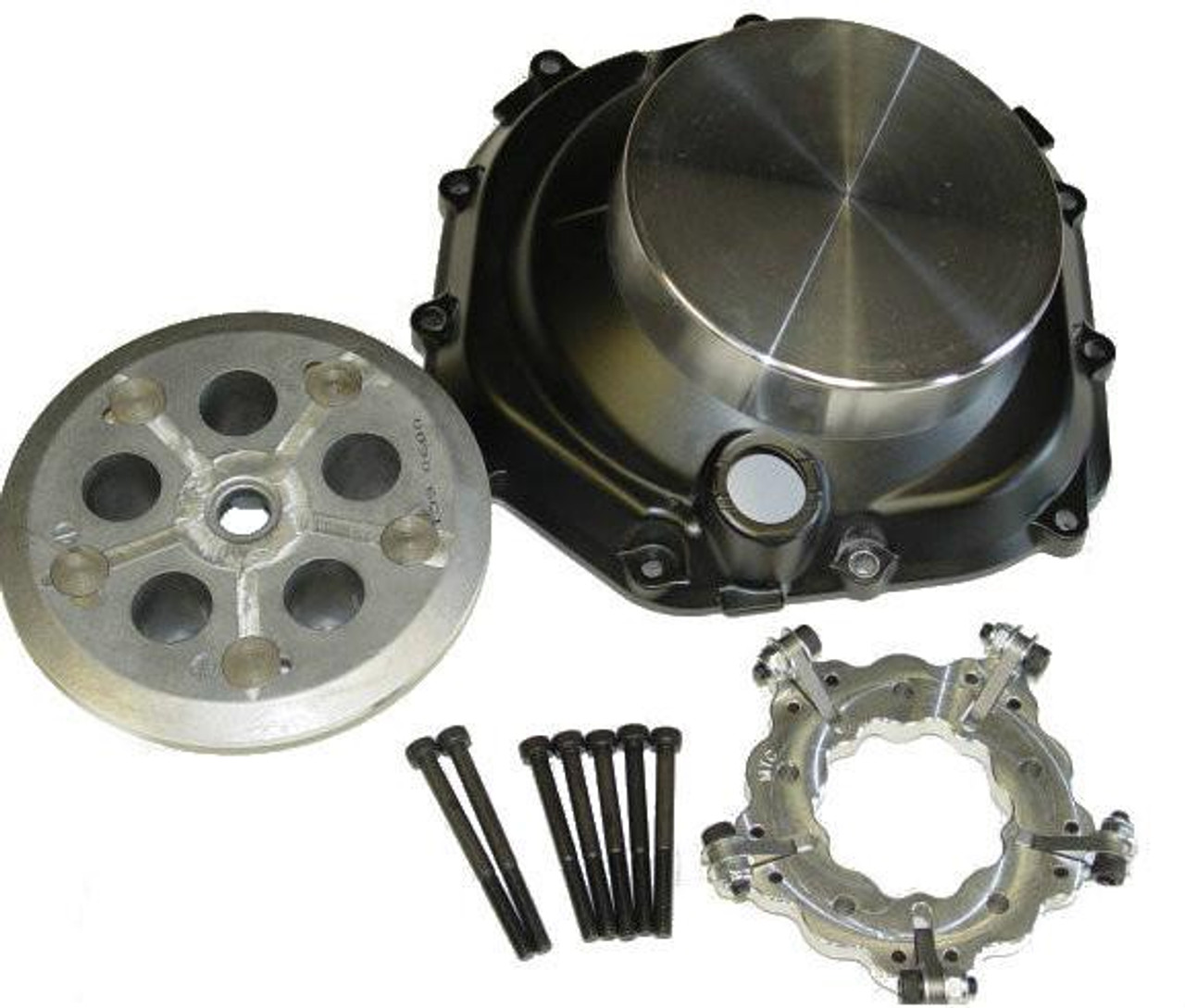 MTC Lock Up Clutch Kawasaki ZX14 (06-11), motorcycle clutch lockup kit with metal clutch housing, pressure plate, and mounting hardware for enhanced performance.