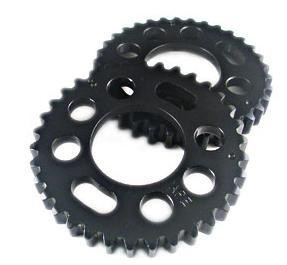 APE Adjustable Cam Sprockets Suzuki GSXR750 (96-99) GSXR600 (97-00), black metal sprockets with multiple holes for weight reduction and adjustment.