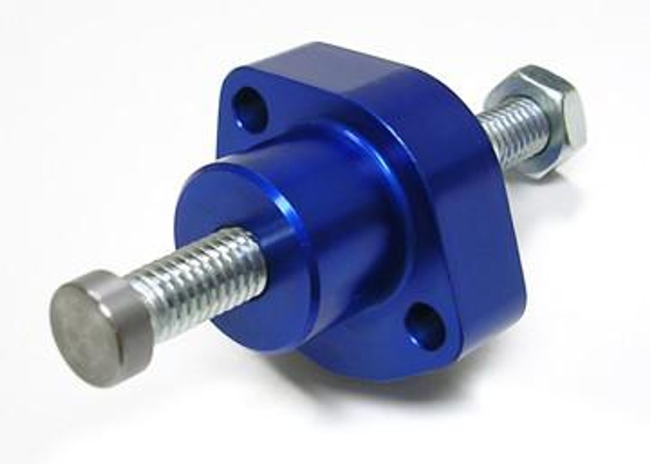 APE Manual Cam Chain Tensioner Yamaha YZF-R6 (06-14), close-up view of the blue metallic tensioner with threaded bolt. APE Manual Cam Chain Tensioner Yamaha YZF-R6 (06-14), close-up view of the blue metallic tensioner with threaded bolt.