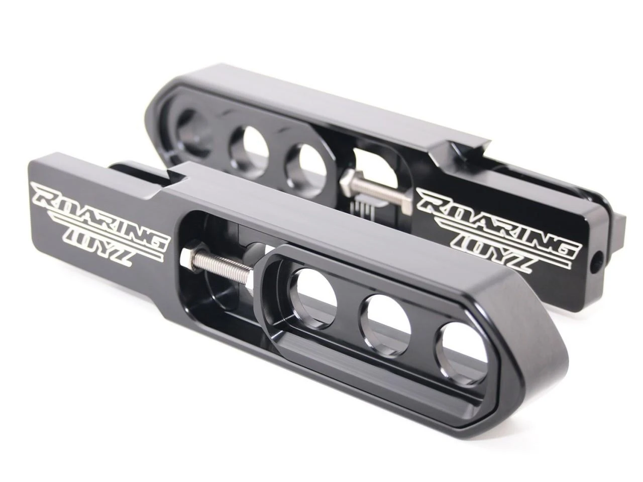 Roaring Toyz Bolt-On Swingarm Extensions Kawasaki ZX14R, black anodized aluminum motorcycle swingarm extensions with mounting holes for Kawasaki ZX14R from 2006 to 2025.