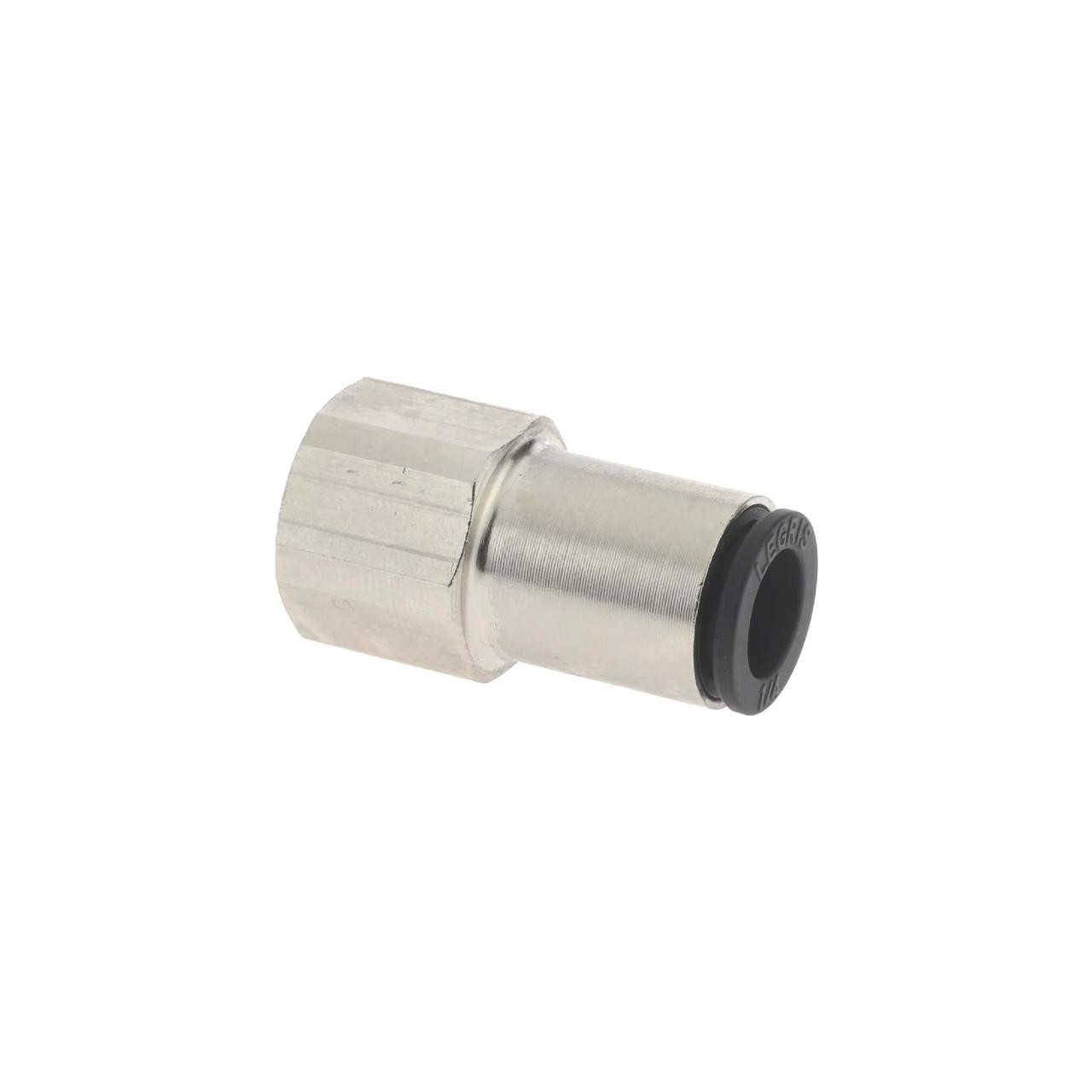 Schnitz Racing Schnitz Air Fitting Straight 1/8" NPT Female x 1/4" Line, metal air fitting with a black rubber seal for connecting air hoses in automotive applications.