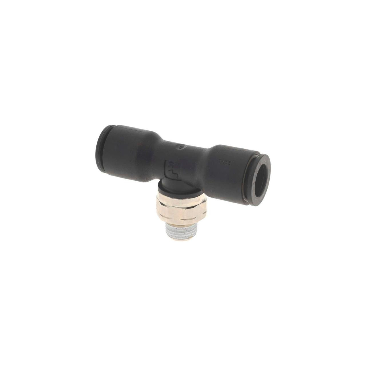 Schnitz Racing Schnitz Air Fitting Tee 1/8" NPT x 3/8" Line, black plastic air fitting tee with brass fitting for air hose connection.