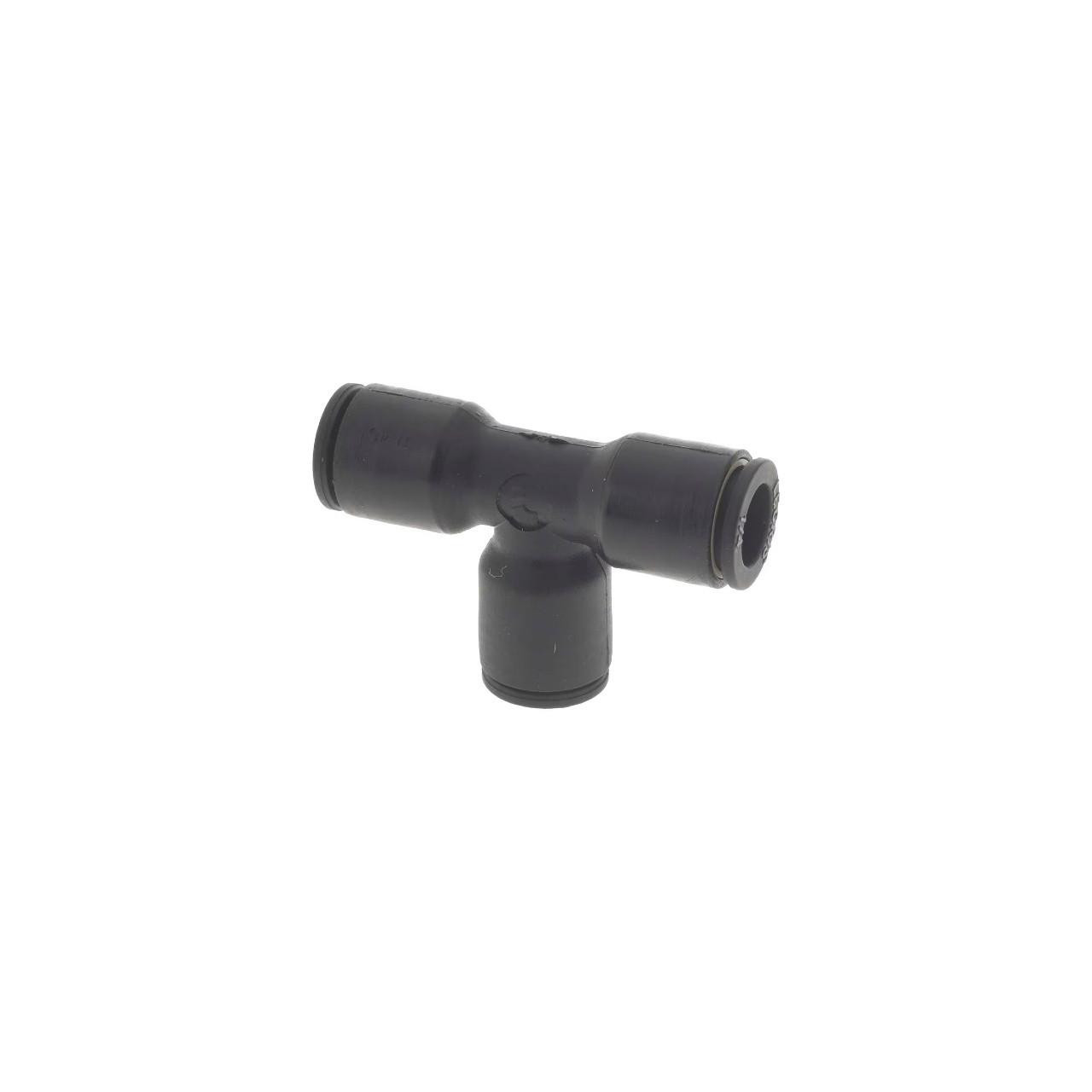 Schnitz Racing Schnitz Air Fitting Tee 1/4" Line, a black plastic T-shaped air fitting connector for pneumatic lines.