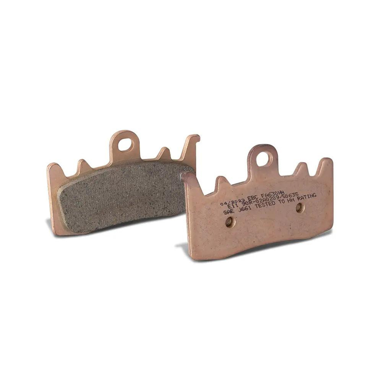 EBC Double H Sintered Rear Brake Pads, high-performance motorcycle brake pads with a copper-colored metal backing and a textured brake lining for optimal stopping power.