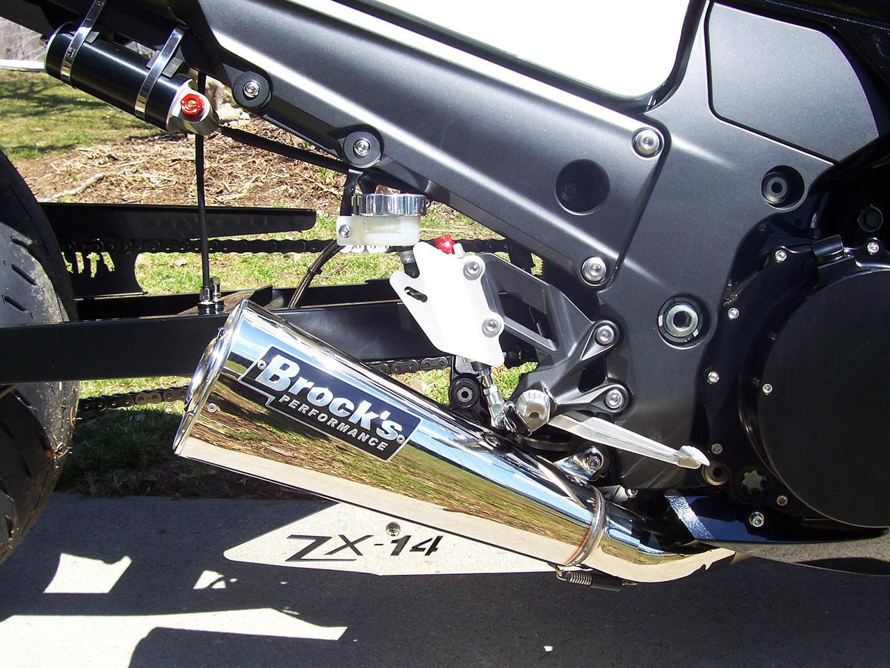 Brocks Performance Brocks Alien Head 2 Full Exhaust 14" Muffler Kawasaki ZX14R (12-25), motorcycle exhaust system with chrome finish and branding visible on the muffler.