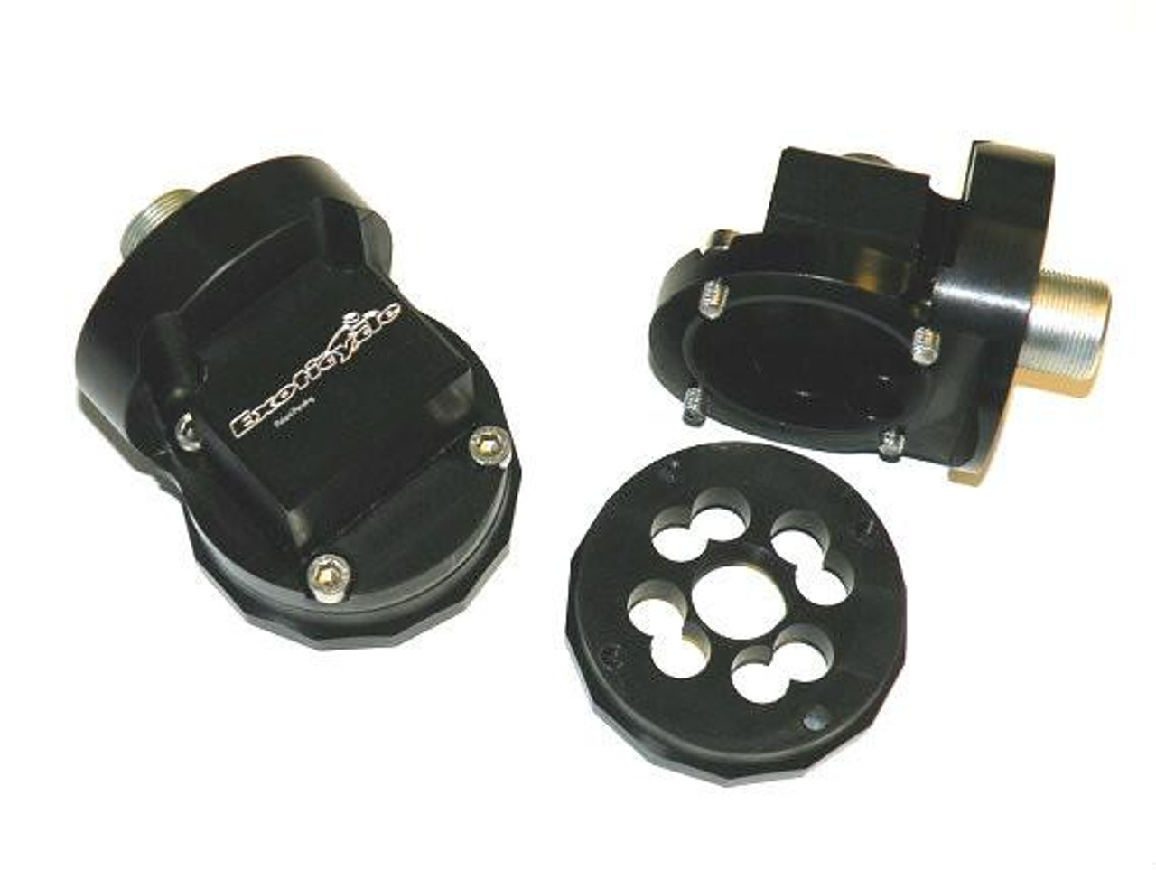 Exoticycle Oil Filter Relocator Kawasaki ZX14R (06-26), ZX10R (04-25), black metal engine part with mounting plate and adapter for motorcycle oil filter system.