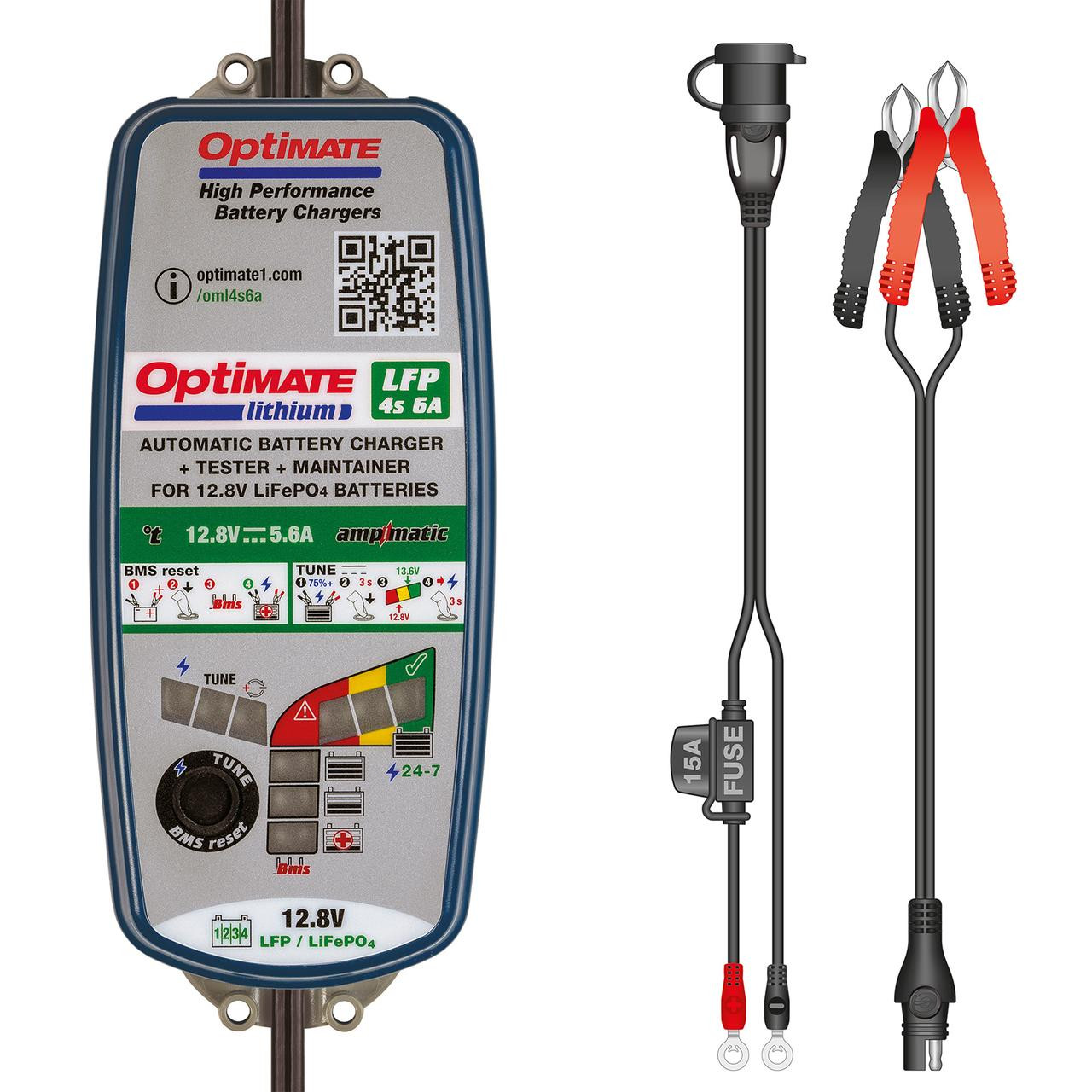 Tecmate Optimate Lithium 6 Amp Lithium Battery Charger, detailed view of the automatic battery charger with tester and maintainer for 12.8V LiFePO4 batteries.