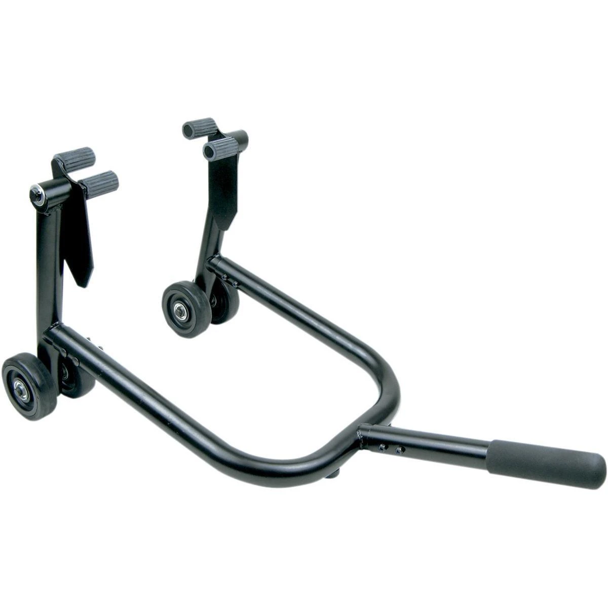 Motorsport Products Universal Front Sport Bike Stand, black motorcycle front stand with adjustable arms and wheels for easy bike maintenance.