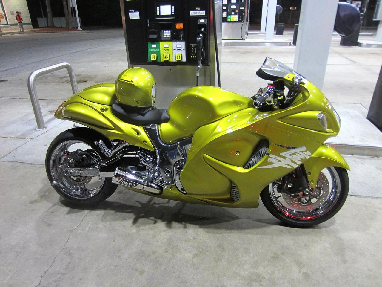 Brocks Performance Brocks ShortMeg 2 Full Exhaust 14" Muffler Suzuki Hayabusa (99-20), metallic green motorcycle parked at gas station.