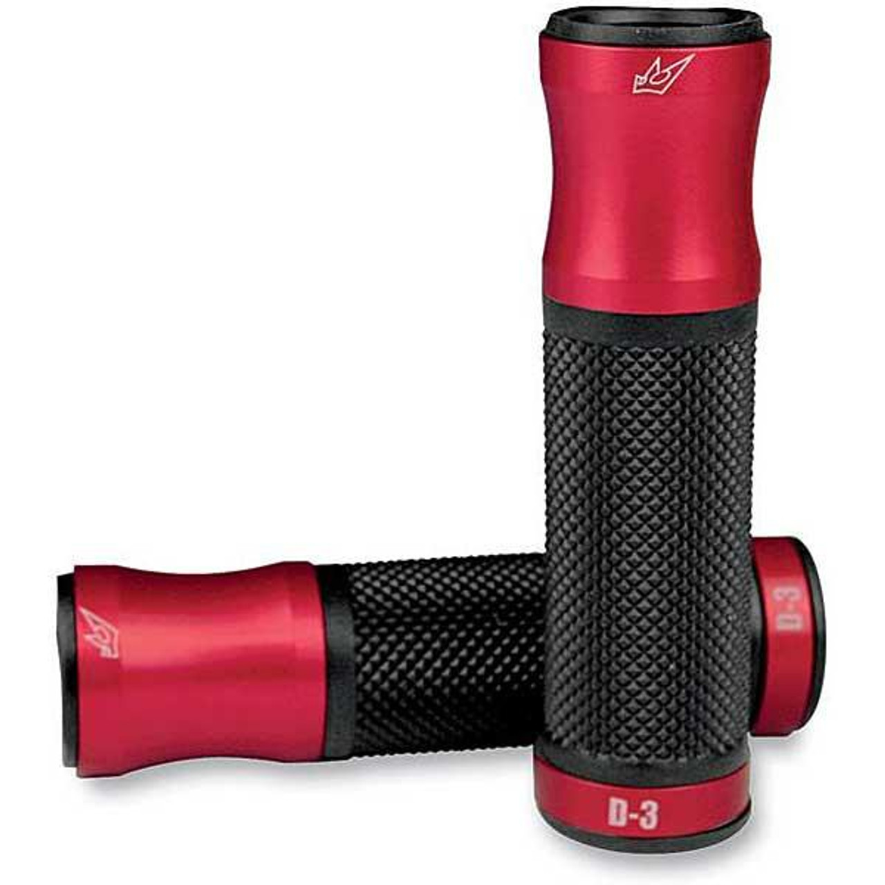 Driven D3 Grips, red and black ergonomic motorcycle or bicycle handlebar grips with textured surface for enhanced grip and comfort. Driven D3 Grips, red and black ergonomic motorcycle or bicycle handlebar grips with textured surface for enhanced grip and comfort.