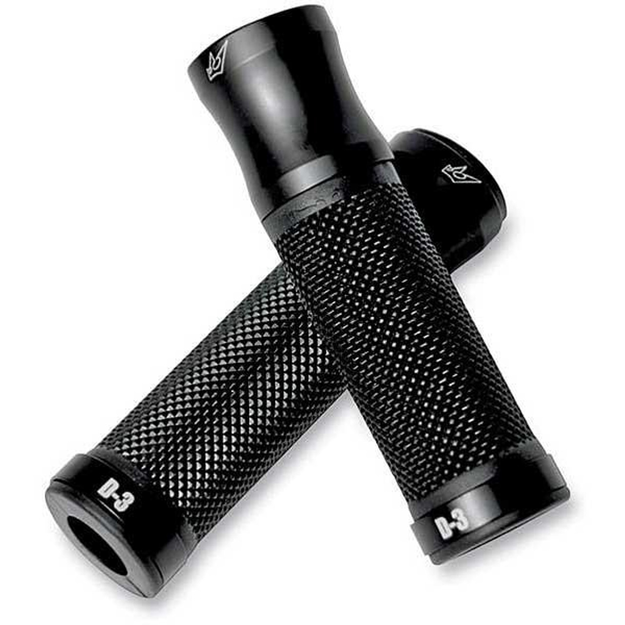 Driven D3 Grips, black textured motorcycle handlebar grips with ergonomic design for enhanced grip and control. Driven D3 Grips, black textured motorcycle handlebar grips with ergonomic design for enhanced grip and control.