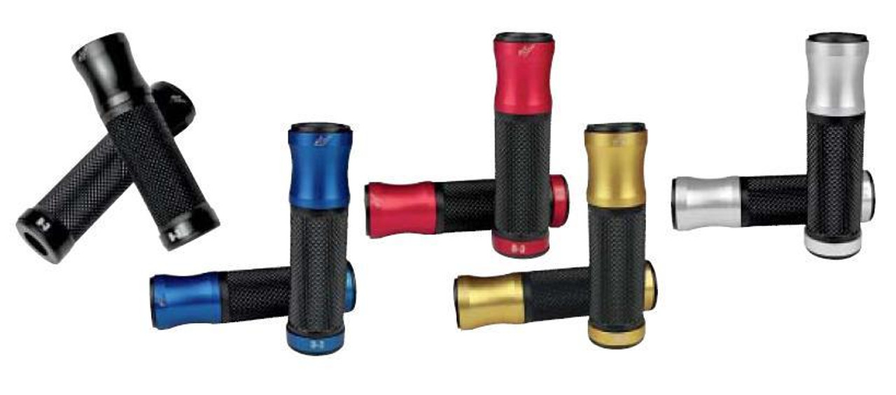 Driven D3 Grips, colorful motorcycle handlebar grips with textured black surface and metallic accents in black, blue, red, gold, and silver colors. Driven D3 Grips, colorful motorcycle handlebar grips with textured black surface and metallic accents in black, blue, red, gold, and silver colors.
