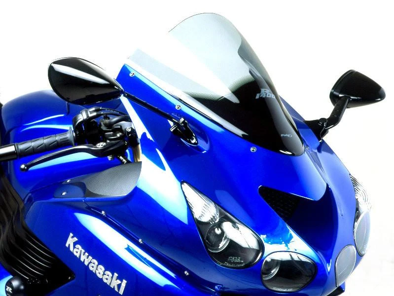 Puig Racing Windscreen Kawasaki ZX14R (06-25), close-up of a blue Kawasaki ZX14R motorcycle with a Puig racing windscreen, highlighting the aerodynamic design and sleek windshield.