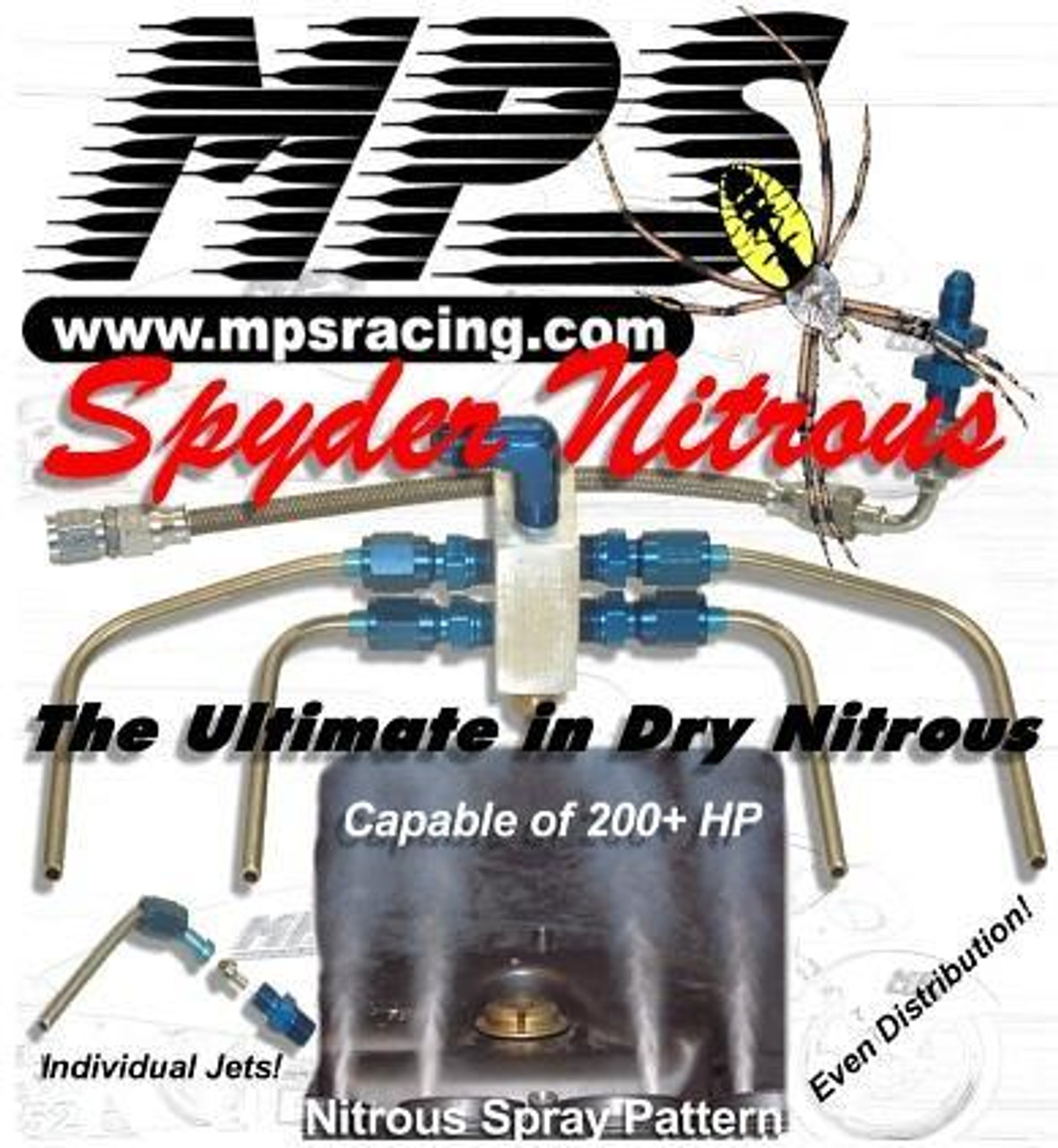 MPS Spyder Dry Nitrous Kit for Suzuki GSXR1000, GSXR750, GSXR600 - image of nitrous spray pattern and equipment components for high horsepower performance.