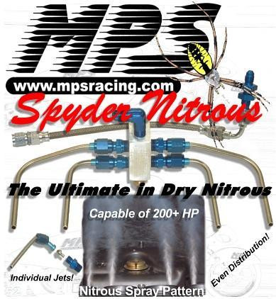MPS Spyder Dry Nitrous Kit Kawasaki ZX14R (06-25), image showing blue and silver nitrous spray system with individual jets and spray pattern capability for high-performance motorcycle enhancement.