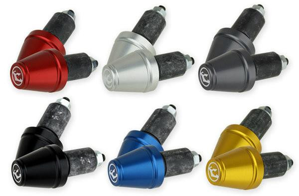 Driven Bar Ends V2, image featuring various color options including red, silver, black, blue, and gold, for motorcycle handlebars.