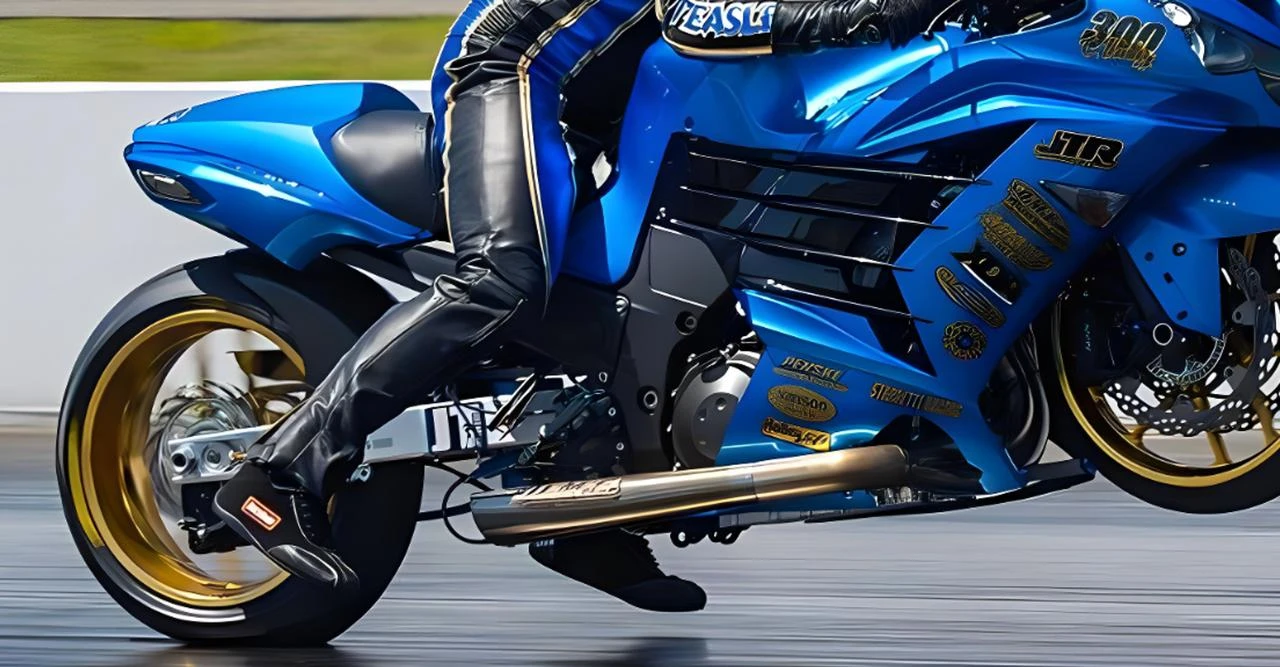 DME Aluminum Swingarm Kawasaki ZX14R (12-25), close-up of the blue motorcycle's rear wheel and side panel showing the swingarm and detailed decals.