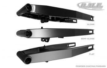 DME Aluminum Swingarm Kawasaki ZX12 (00-05), side views showcasing gloss, semi-gloss, and flat powder coating finishes.