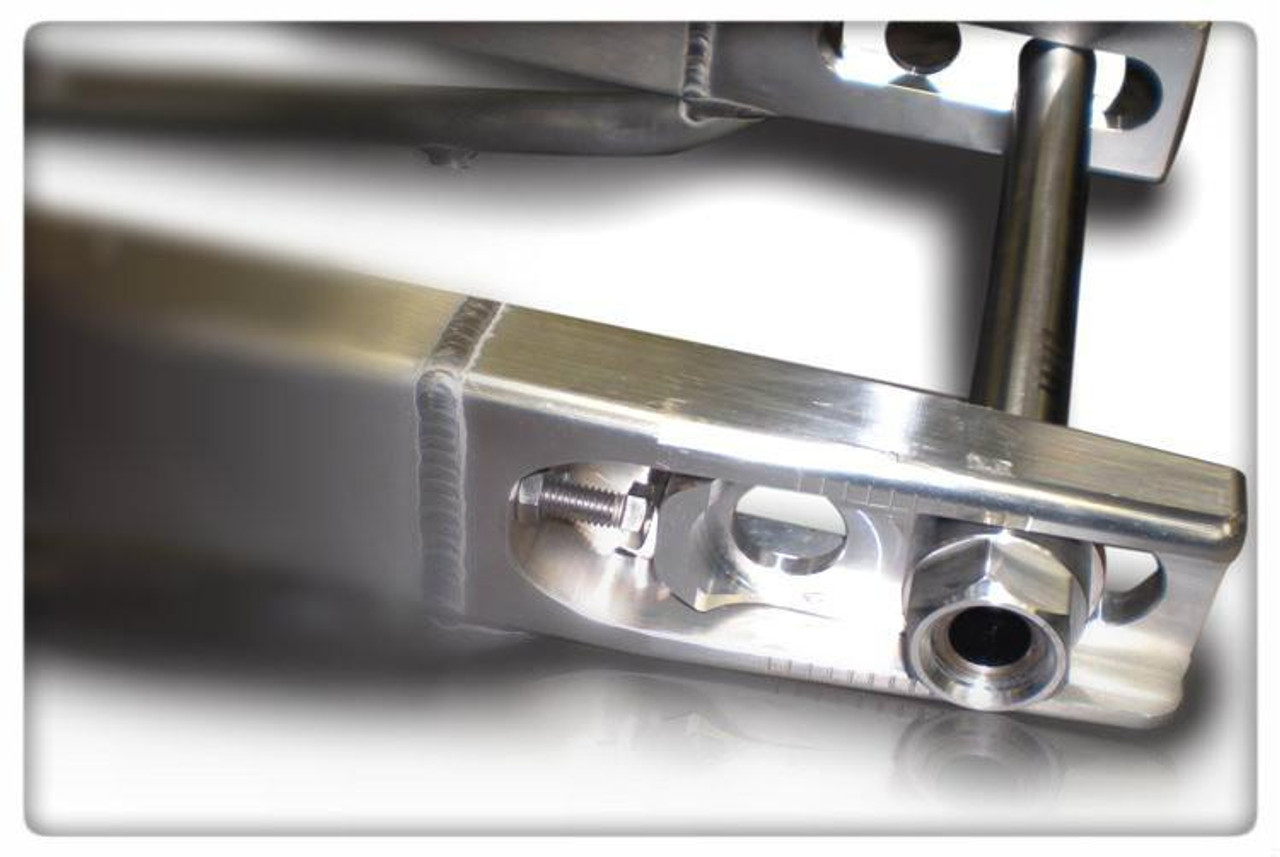 DME Aluminum Swingarm Kawasaki ZX10R (11-15), close-up view of the polished aluminum swingarm with mounting bolt and pivot mechanism.