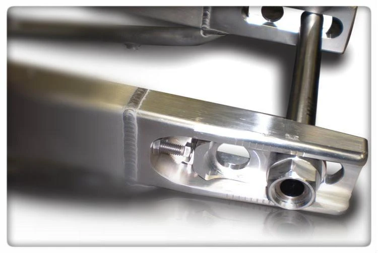 DME Aluminum Swingarm Kawasaki ZX10R (11-15), close-up view of the polished aluminum swingarm with mounting bolt and pivot mechanism.