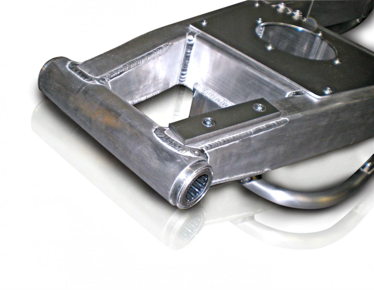 DME Aluminum Swingarm Kawasaki ZX10R (11-15), close-up image of a high-quality, lightweight aluminum motorcycle swingarm with visible welds and mounting points.