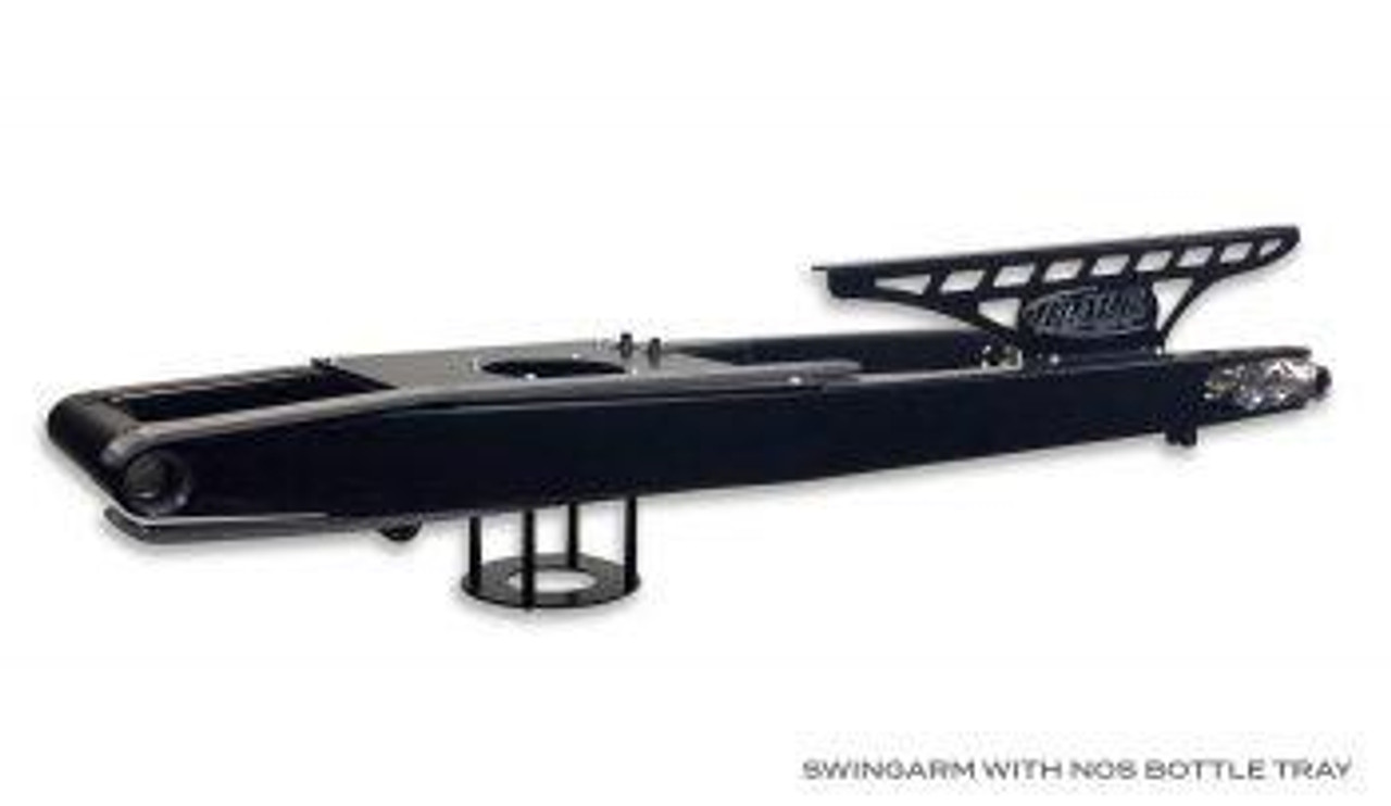 DME Aluminum Swingarm Suzuki GSXR1000 (05-06), black motorcycle swingarm with a sleek design and a rear mounting section for enhanced performance and durability.