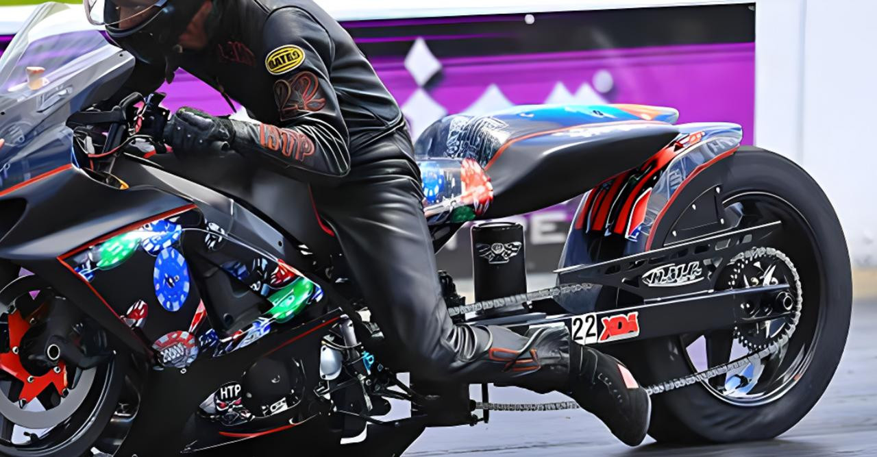 DME Aluminum Swingarm Suzuki GSXR1000 (07-08), motorcycle swingarm on a racing bike with vibrant graphics and a blurred background.