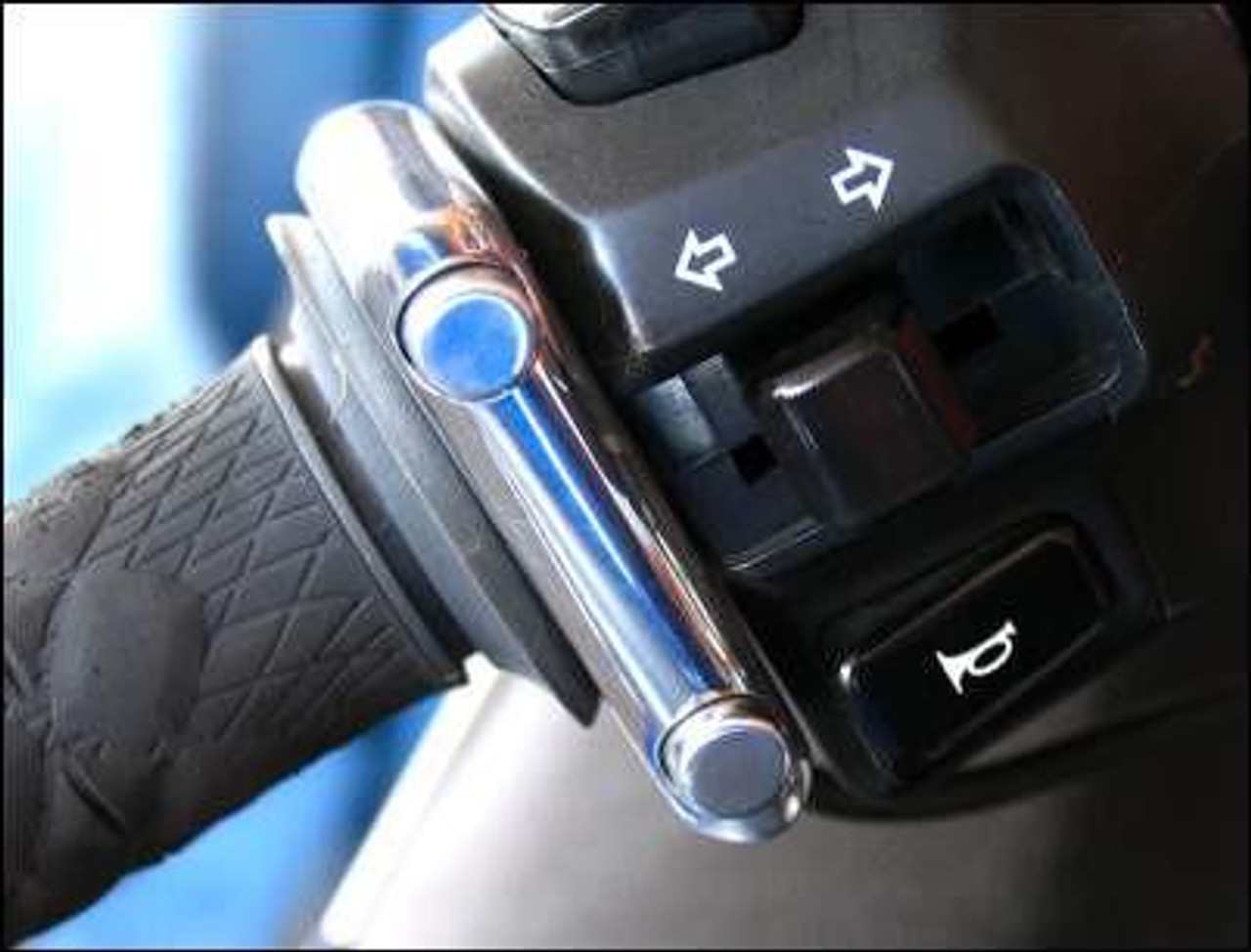 Pingel Easy Shift Electric Shifter Universal Kit For 7/8" Handlebars, close-up of the electric shifter installed on a motorcycle handlebar with control buttons Pingel Easy Shift Electric Shifter Universal Kit For 7/8" Handlebars, close-up of the electric shifter installed on a motorcycle handlebar with control buttons