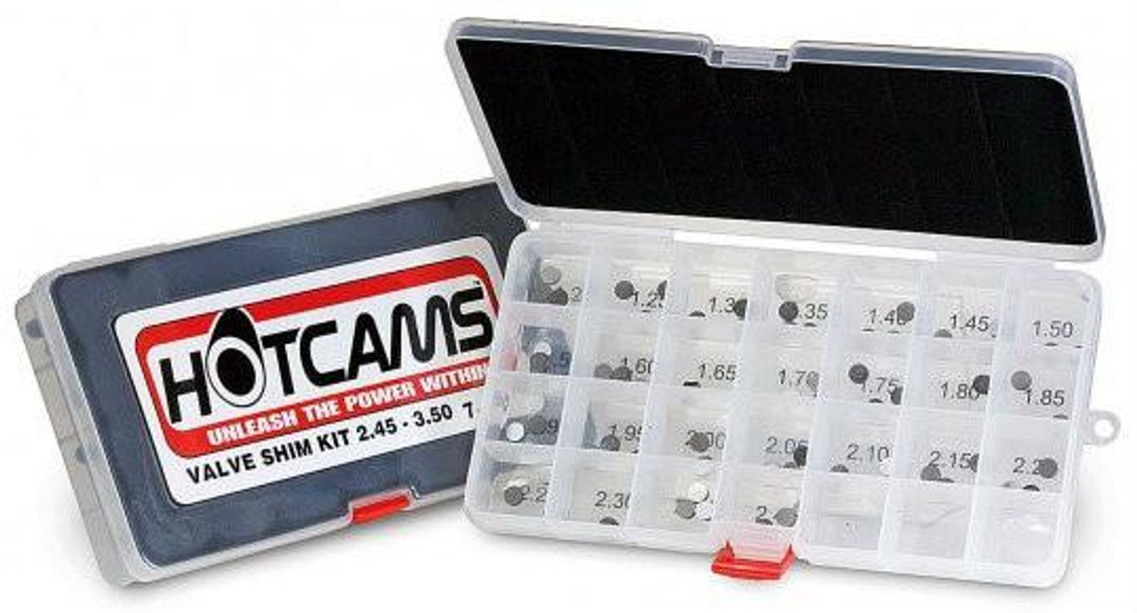 Hotcams Valve Shim Kit 7.5mm, organized plastic case containing various valve shims for motorcycle engine tuning. Hotcams Valve Shim Kit 7.5mm, organized plastic case containing various valve shims for motorcycle engine tuning.