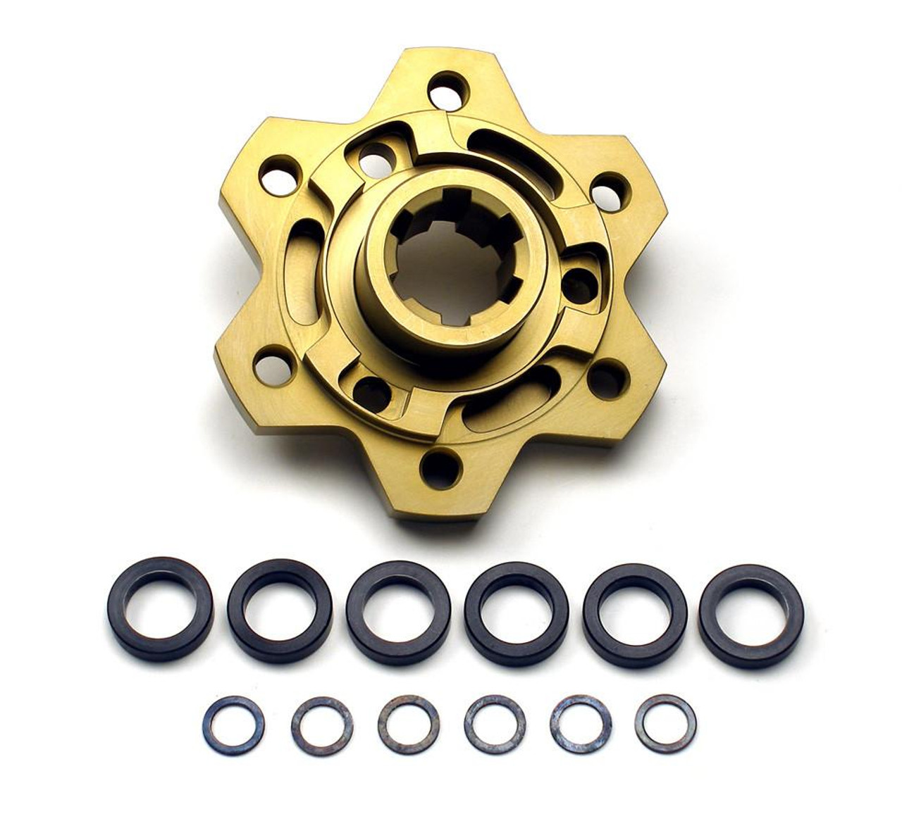 Brocks Performance Brocks Clutch Mod Suzuki Hayabusa (99-21), gold-colored clutch hub assembly with accompanying black and metal washers for enhanced clutch performance.