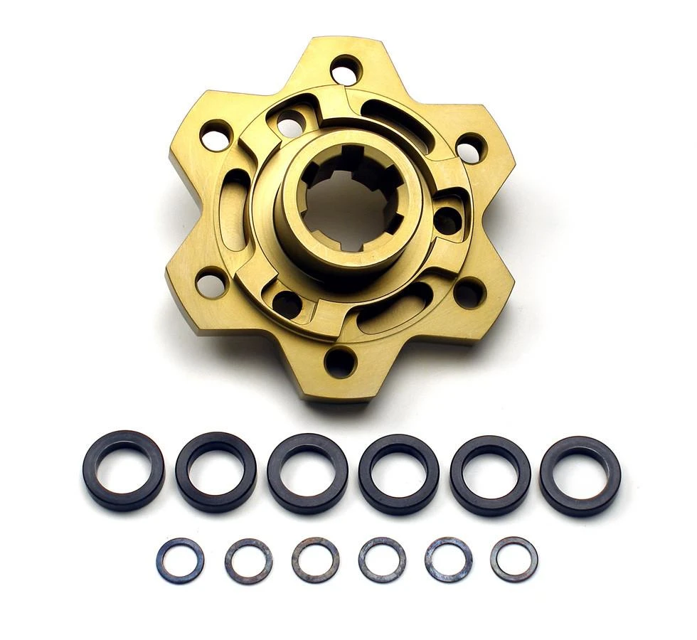 Brocks Performance Brocks Clutch Mod Suzuki Hayabusa (99-20), gold-colored clutch hub assembly with accompanying black and metal washers for enhanced clutch performance.