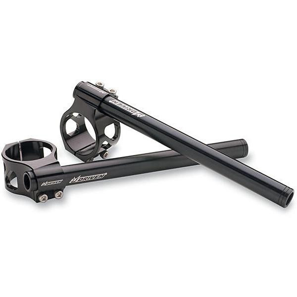 Driven Halo 50mm Clip Ons Handbars, black motorcycle handlebar clip-on with mounting clamps and extended cylindrical tubes.