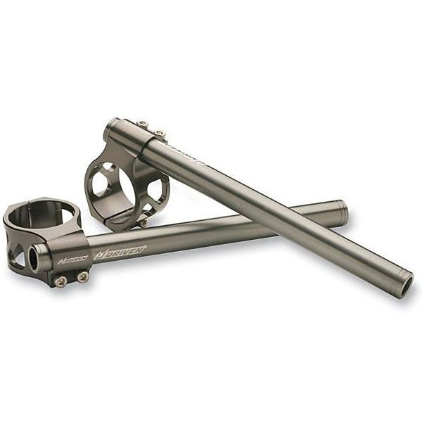 Driven Halo 50mm Clip Ons Handlebars, silver motorcycle clip-on handlebars with mounting clamps for racing and street bikes.