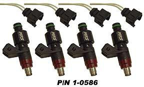 MPS Fuel Injector Kit, 80lb, Suzuki Hayabusa (99-07), four black fuel injectors with green top caps and red nozzles, PIN 1-0586.