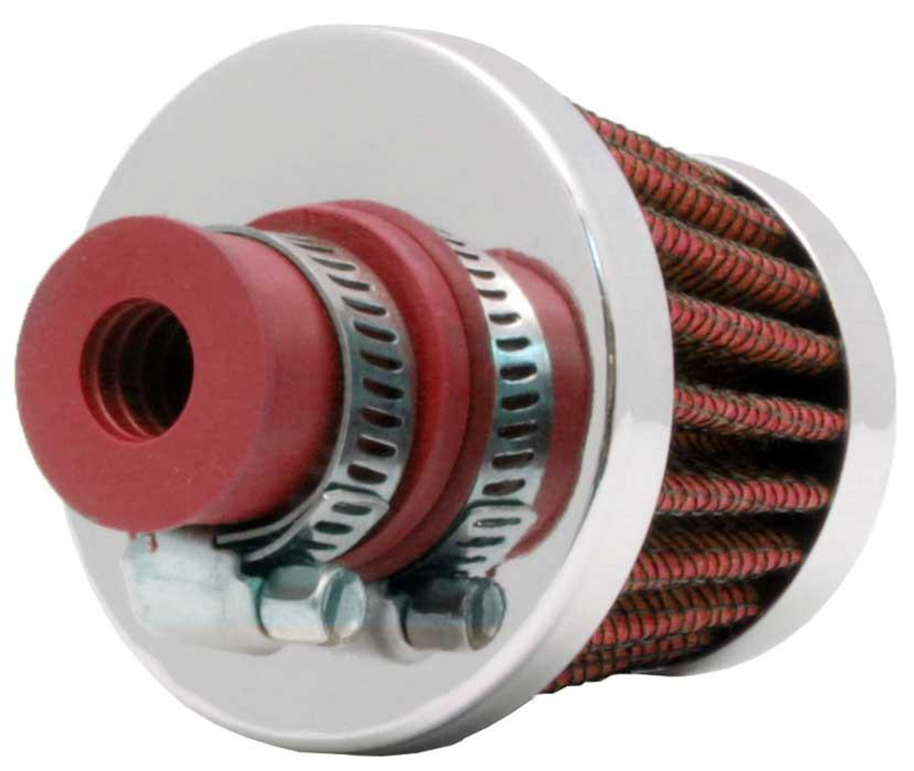 K&N Filters K&N Rubber Base Crankcase Vent Filter, red rubber base with metal mesh and braided filter media for engine ventilation.