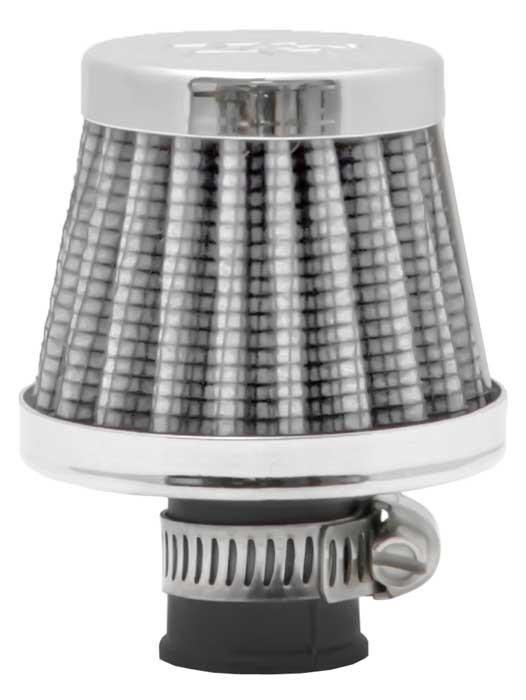 K&N Filters Rubber Base Crankcase Vent Filter, black rubber base with metal mesh filter element and mounting clamp.