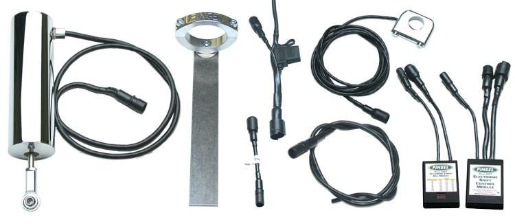 Pingel Easy Shift Electric Shifter Universal Kit For 1" Handlebars, complete kit with wiring, connectors, control modules, and mounting hardware for motorcycle gear shifting.