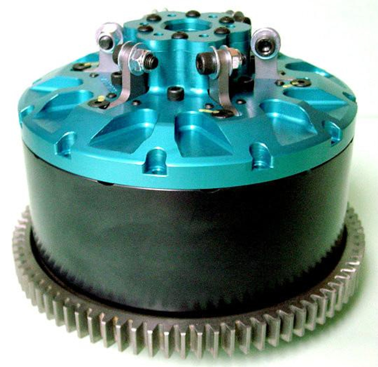 MTC Multistage Lock Up Gen II Suzuki GSX1300R Hayabusa (99-26), close-up of the high-performance motorcycle lock-up clutch assembly with vibrant teal and black components and detailed gear teeth.