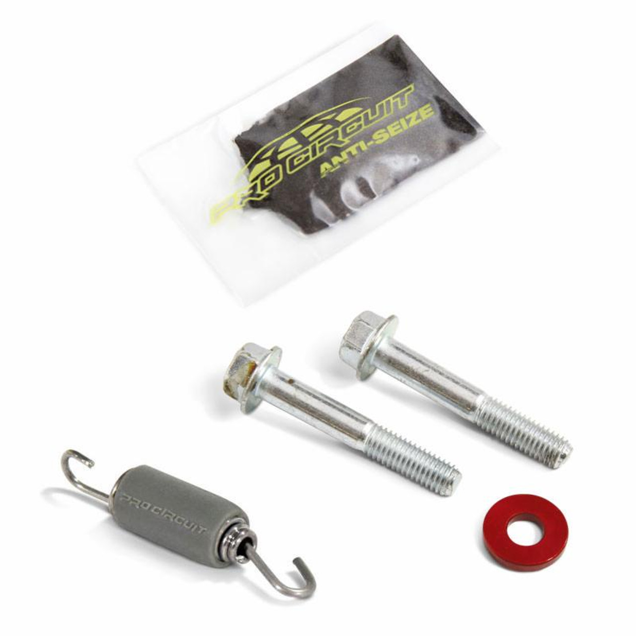 Pro Circuit T-5 Slip On Exhaust Kawasaki KLR650 (08-20), installation hardware including bolts and a spring with a red washer. Pro Circuit T-5 Slip On Exhaust Kawasaki KLR650 (08-20), installation hardware including bolts and a spring with a red washer.